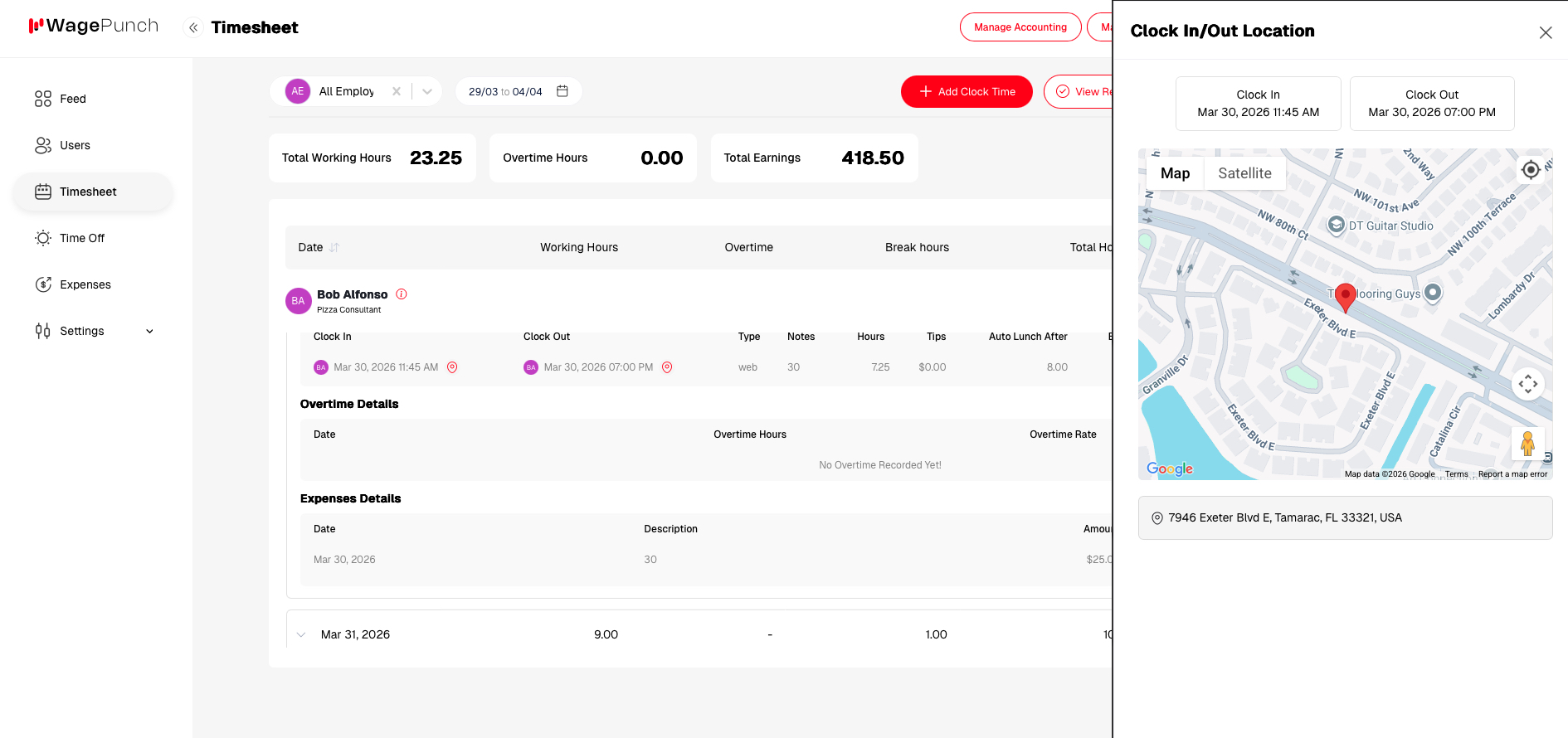 WagePunch timesheet and GPS employee dashboard